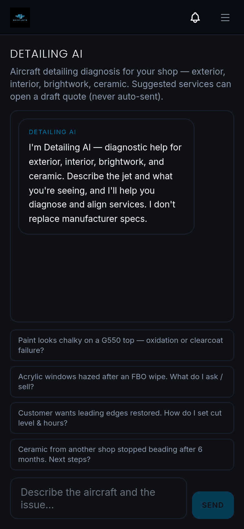 Detailing AI start screen with suggested questions, such as chalky paint on a G550 and hazed acrylic windows.